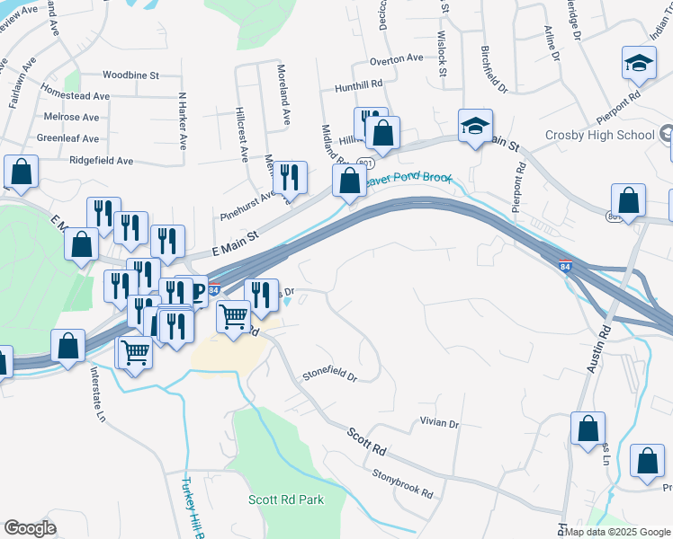 map of restaurants, bars, coffee shops, grocery stores, and more near 361 Schraffts Drive in Waterbury