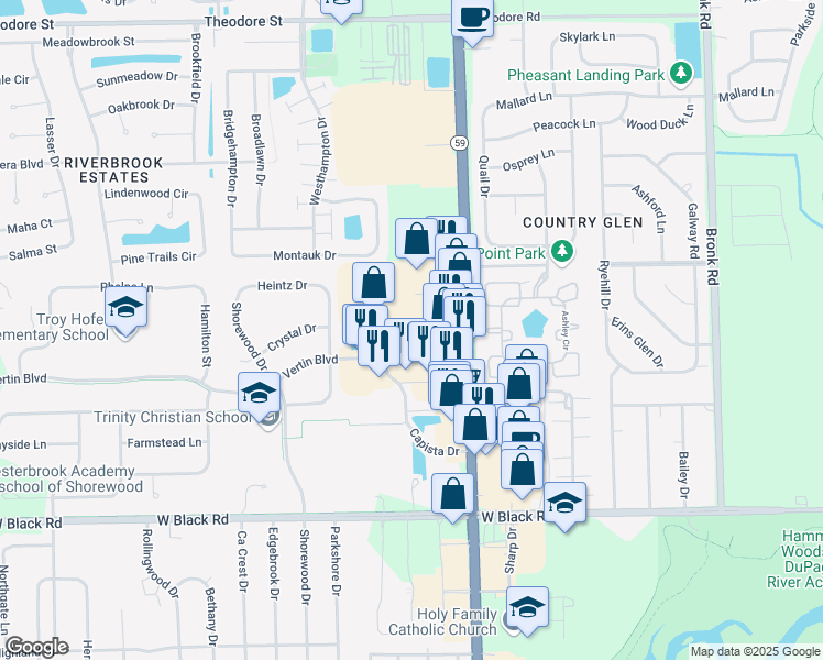 map of restaurants, bars, coffee shops, grocery stores, and more near 217 Vertin Boulevard in Shorewood