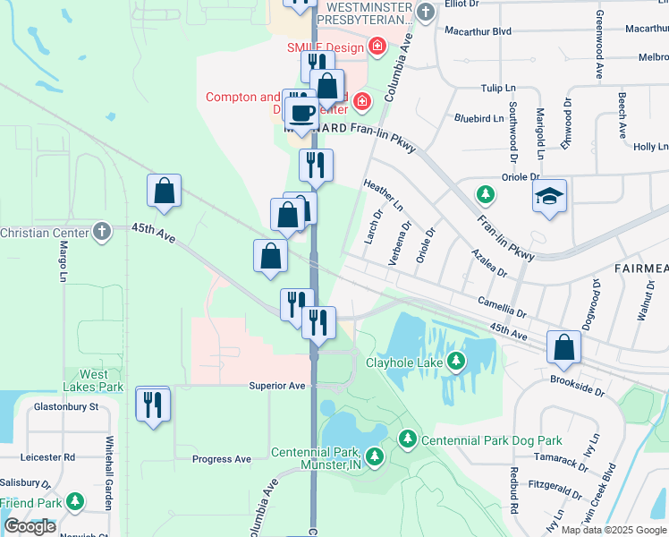 map of restaurants, bars, coffee shops, grocery stores, and more near 1000 45th Street in Munster