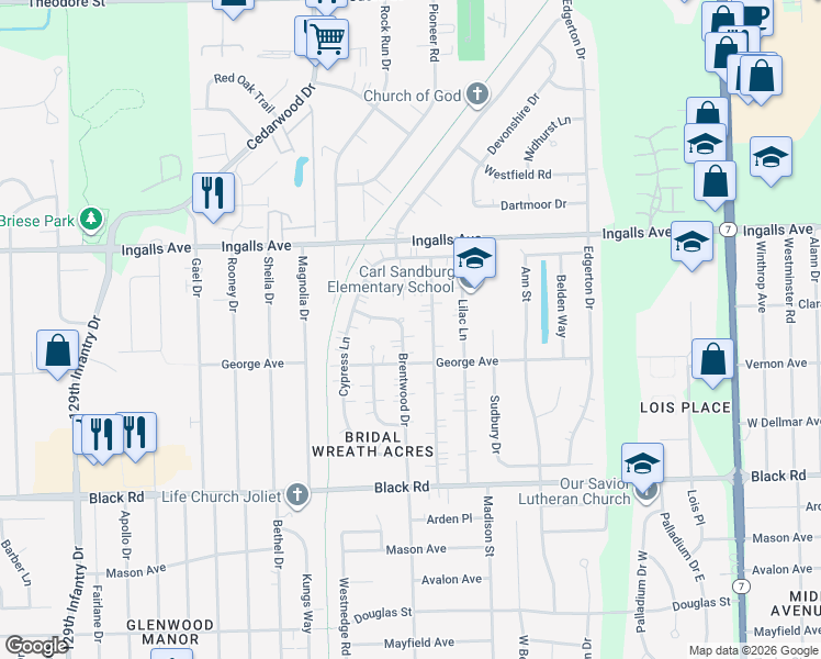 map of restaurants, bars, coffee shops, grocery stores, and more near 1010 Brentwood Drive in Joliet