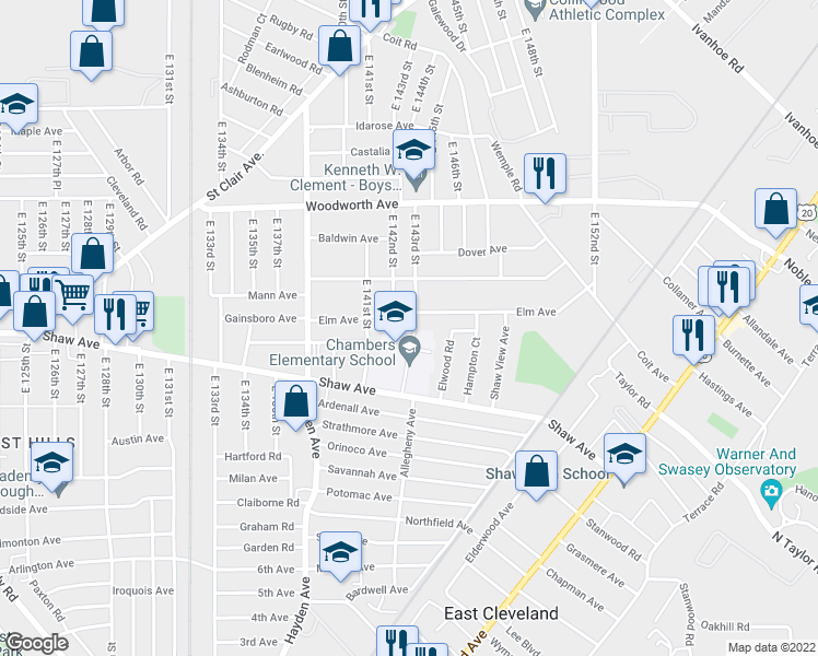 map of restaurants, bars, coffee shops, grocery stores, and more near 1374 East 143rd Street in East Cleveland