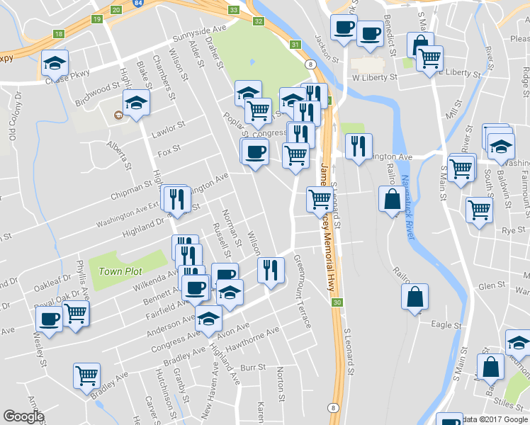 map of restaurants, bars, coffee shops, grocery stores, and more near 311 Congress Avenue in Waterbury