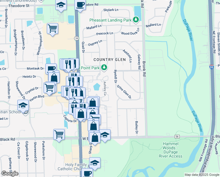 map of restaurants, bars, coffee shops, grocery stores, and more near 4602 Lennox Court in Joliet