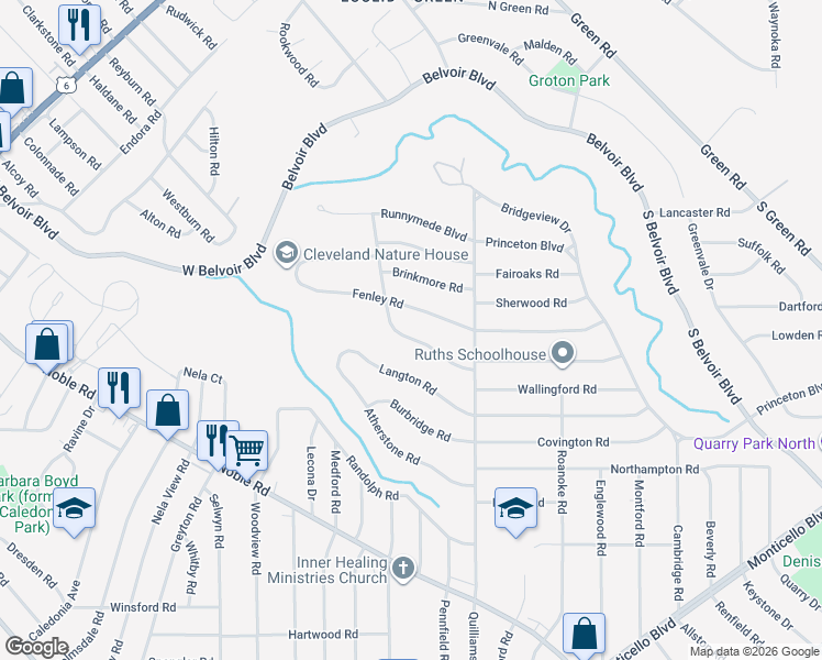 map of restaurants, bars, coffee shops, grocery stores, and more near 3656 Stoneleigh Road in Cleveland Heights