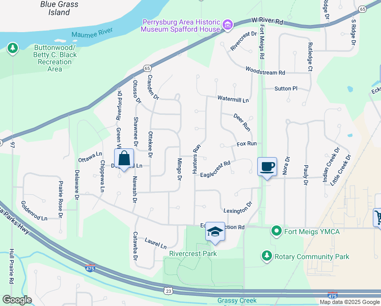 map of restaurants, bars, coffee shops, grocery stores, and more near 821 Hunters Run in Perrysburg