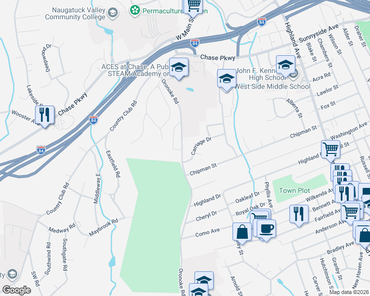 map of restaurants, bars, coffee shops, grocery stores, and more near 197 Oronoke Road in Waterbury