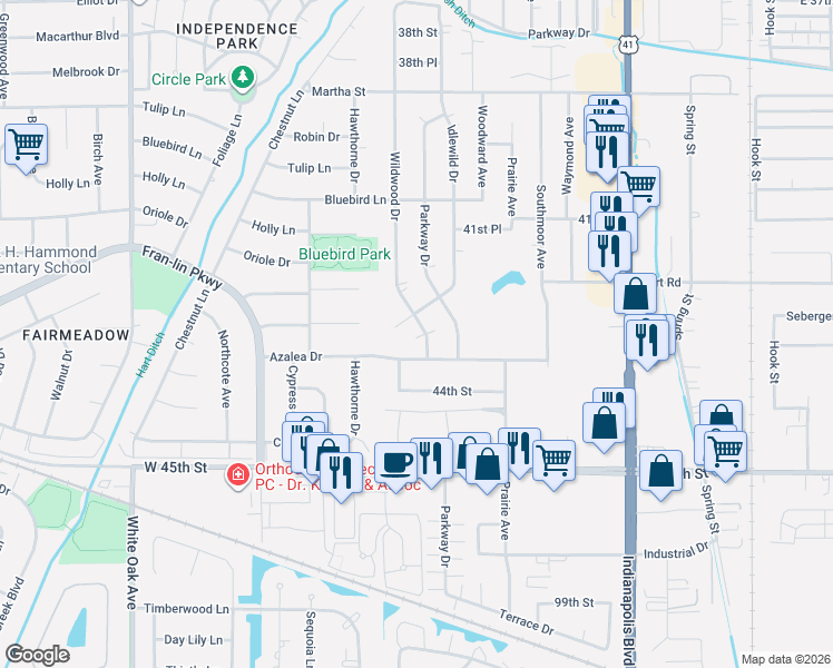 map of restaurants, bars, coffee shops, grocery stores, and more near 2017 Azalea Drive in Highland