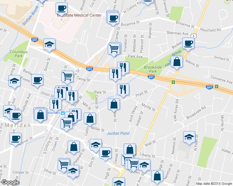 map of restaurants, bars, coffee shops, grocery stores, and more near 255 Center Street in Meriden