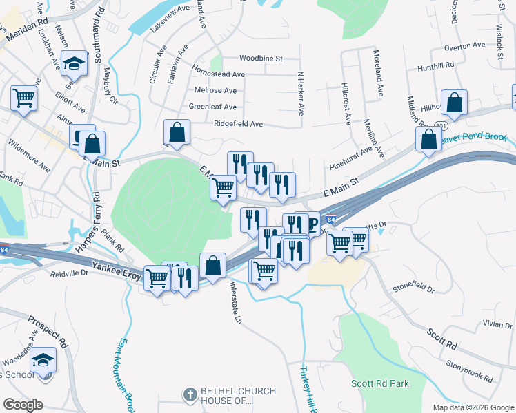 map of restaurants, bars, coffee shops, grocery stores, and more near 37 Bryan Street in Waterbury