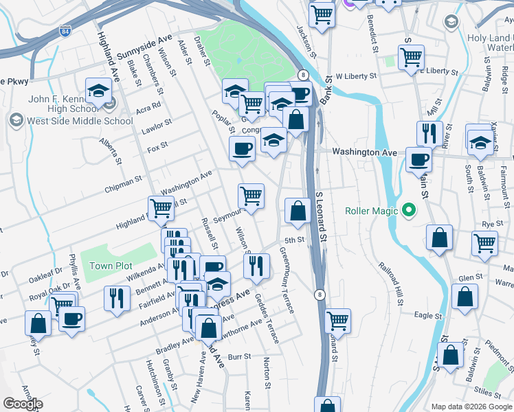 map of restaurants, bars, coffee shops, grocery stores, and more near 332 Congress Avenue in Waterbury