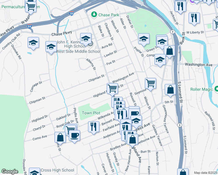 map of restaurants, bars, coffee shops, grocery stores, and more near 612 Highland Avenue in Waterbury