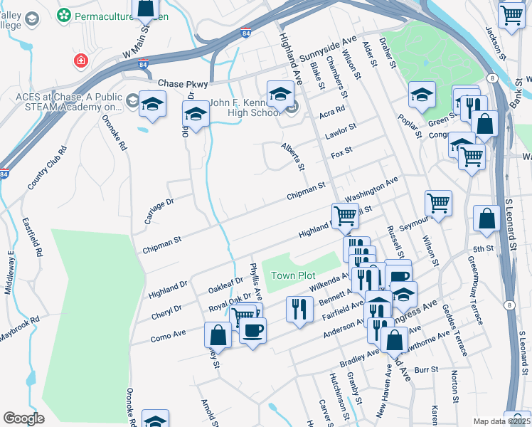 map of restaurants, bars, coffee shops, grocery stores, and more near 840 Washington Avenue Extension in Waterbury
