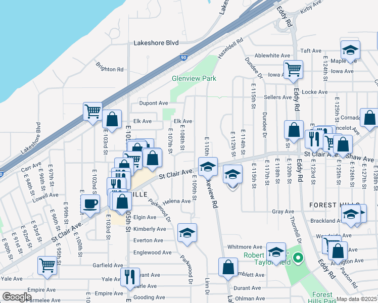 map of restaurants, bars, coffee shops, grocery stores, and more near 10809 Navarre Court in Cleveland