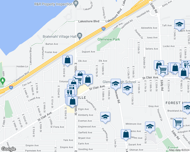 map of restaurants, bars, coffee shops, grocery stores, and more near 600 East 107th Street in Cleveland