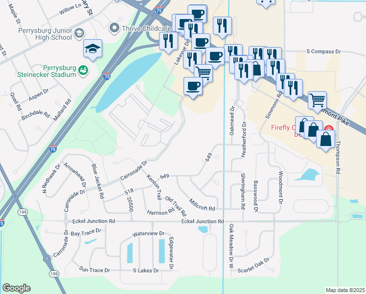 map of restaurants, bars, coffee shops, grocery stores, and more near 9736 Bishopswood Lane in Perrysburg