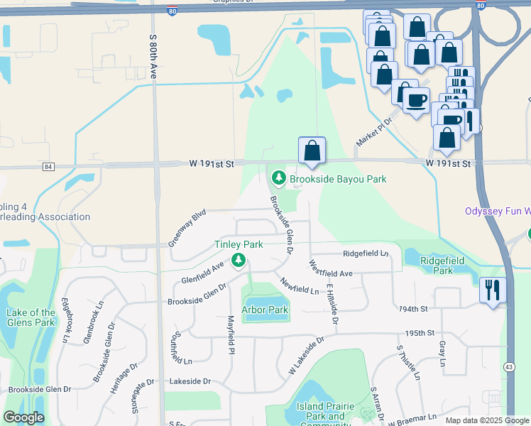 map of restaurants, bars, coffee shops, grocery stores, and more near 7717 Northfield Lane in Tinley Park