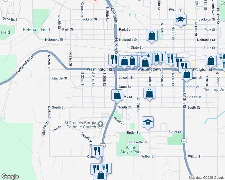 map of restaurants, bars, coffee shops, grocery stores, and more near 420 South 19th Street in Blair