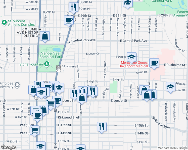 map of restaurants, bars, coffee shops, grocery stores, and more near 2128 Farnam Street in Davenport