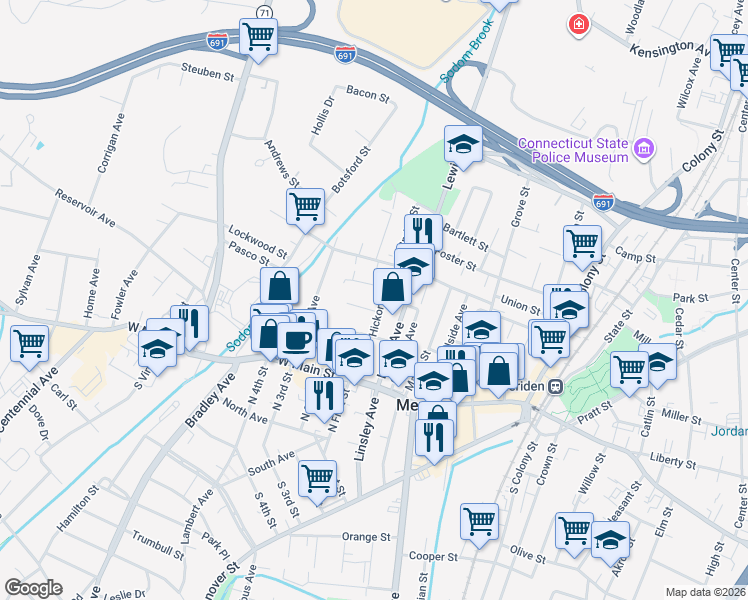 map of restaurants, bars, coffee shops, grocery stores, and more near 82 Lewis Avenue in Meriden
