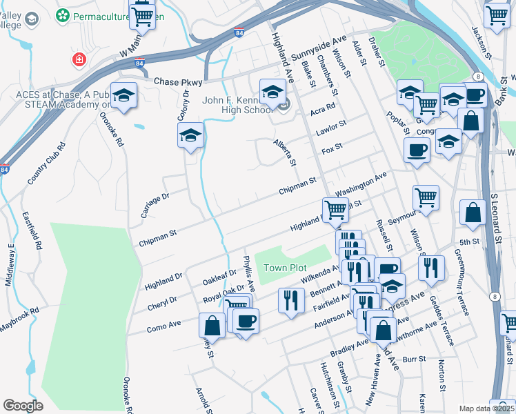 map of restaurants, bars, coffee shops, grocery stores, and more near 840 Washington Avenue Extension in Waterbury
