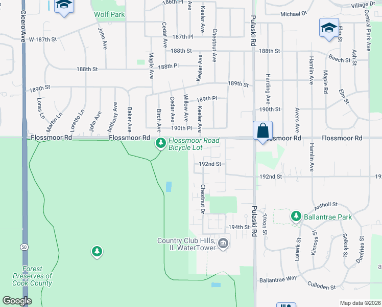 map of restaurants, bars, coffee shops, grocery stores, and more near 19132 Pine Drive in Country Club Hills