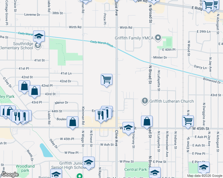 map of restaurants, bars, coffee shops, grocery stores, and more near 9438 Cline Avenue in Highland