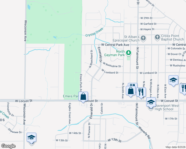 map of restaurants, bars, coffee shops, grocery stores, and more near 2218 Emerald Drive in Davenport