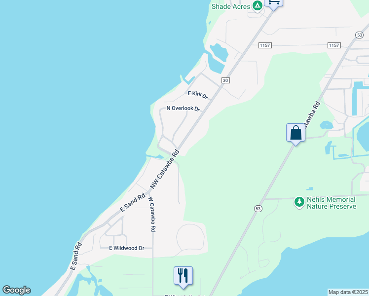 map of restaurants, bars, coffee shops, grocery stores, and more near 1253 Northwest Catawba Road in Port Clinton