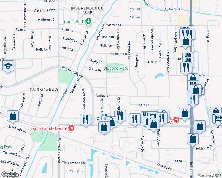 map of restaurants, bars, coffee shops, grocery stores, and more near 1905 Azalea Drive in Munster