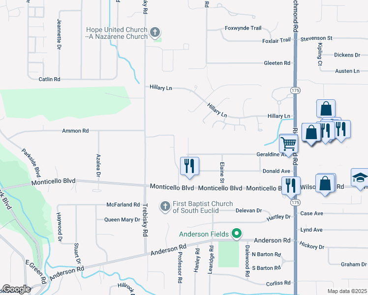 map of restaurants, bars, coffee shops, grocery stores, and more near 710 Anthony Drive in Richmond Heights