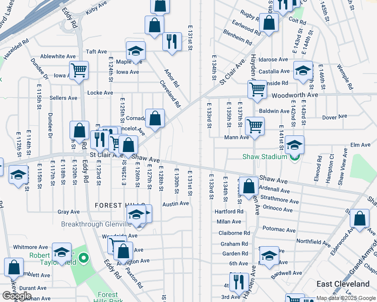 map of restaurants, bars, coffee shops, grocery stores, and more near 13009 Shaw Ave in Cleveland