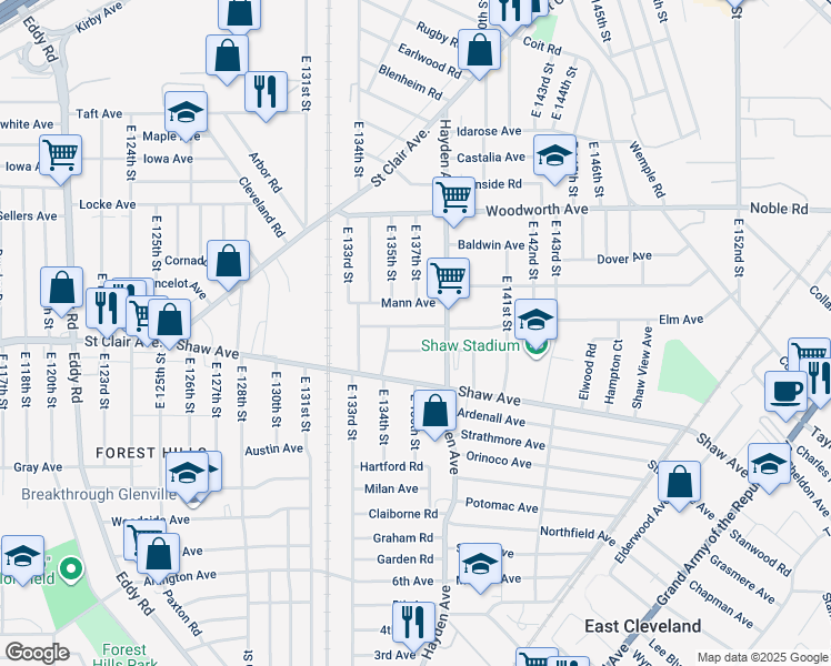 map of restaurants, bars, coffee shops, grocery stores, and more near 13520 Gainsboro Avenue in East Cleveland