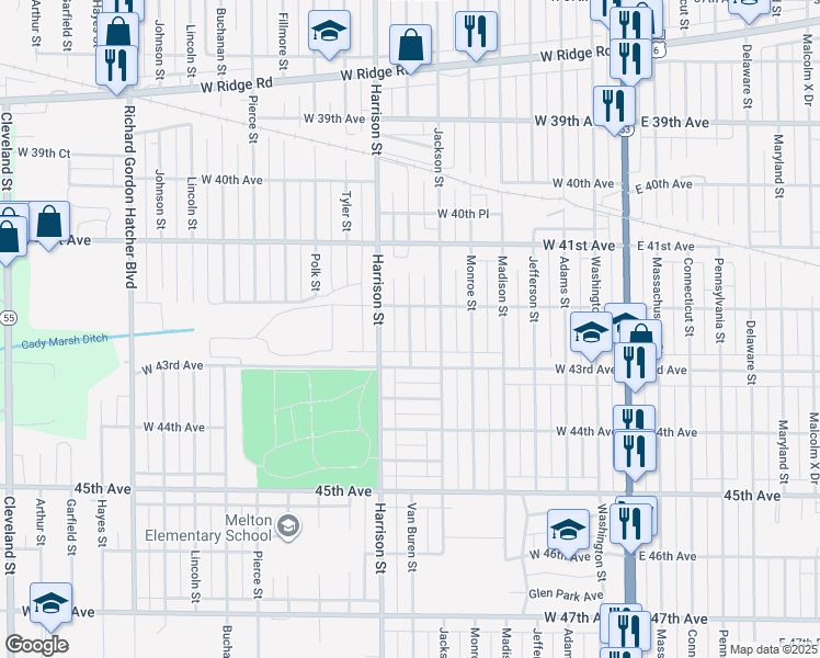 map of restaurants, bars, coffee shops, grocery stores, and more near 4241 Van Buren Street in Gary