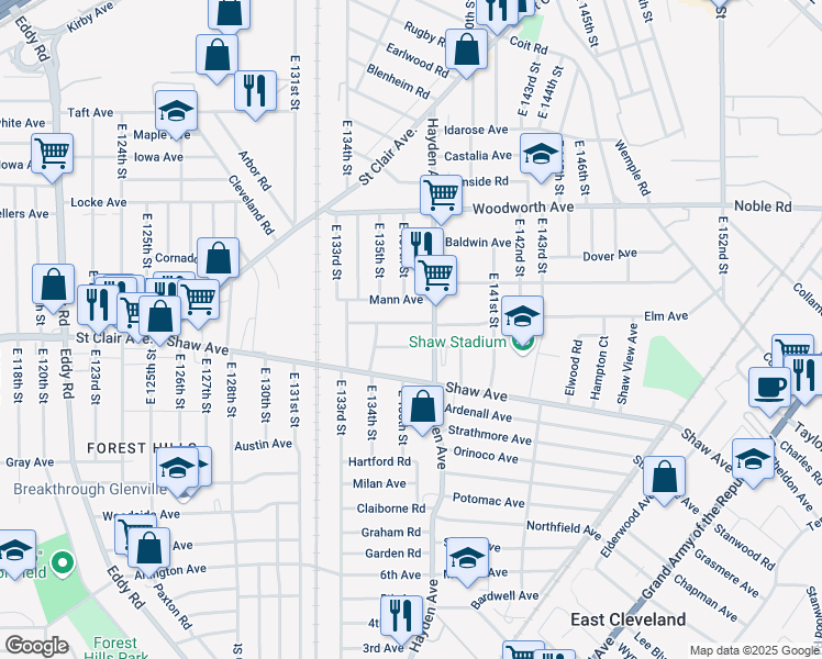 map of restaurants, bars, coffee shops, grocery stores, and more near 13518 Beaumont Street in East Cleveland