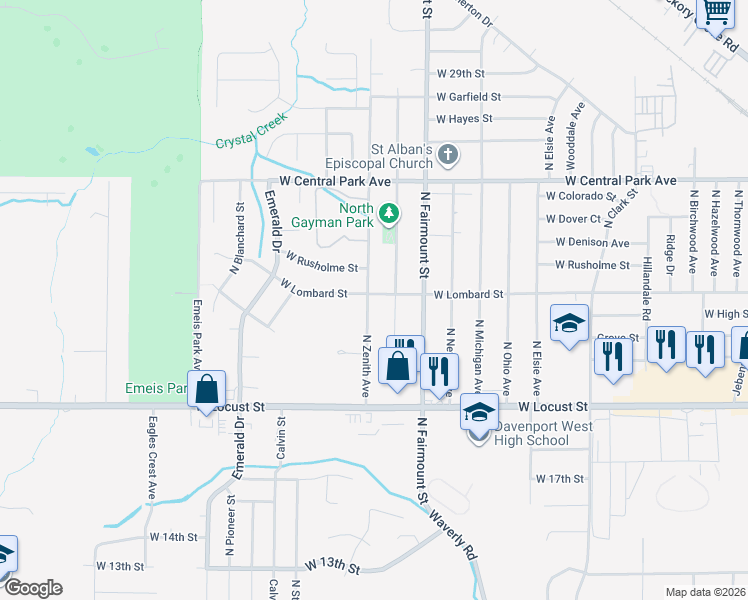 map of restaurants, bars, coffee shops, grocery stores, and more near 2118 North Gayman Avenue in Davenport