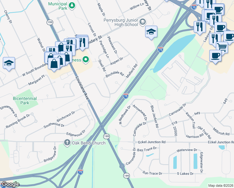 map of restaurants, bars, coffee shops, grocery stores, and more near Interstate 75 in Perrysburg