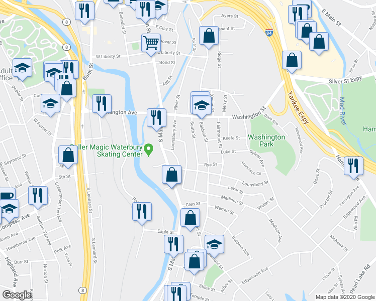 map of restaurants, bars, coffee shops, grocery stores, and more near 47 Southview Street in Waterbury
