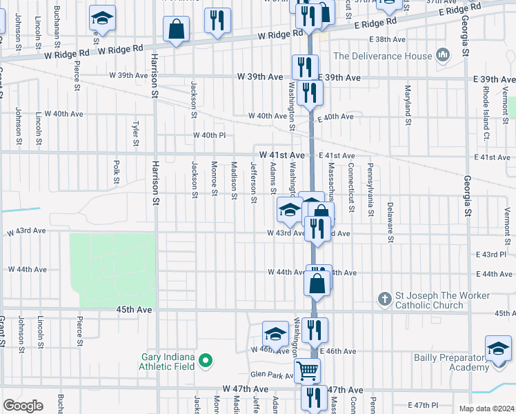 map of restaurants, bars, coffee shops, grocery stores, and more near 4235 Jefferson Street in Gary