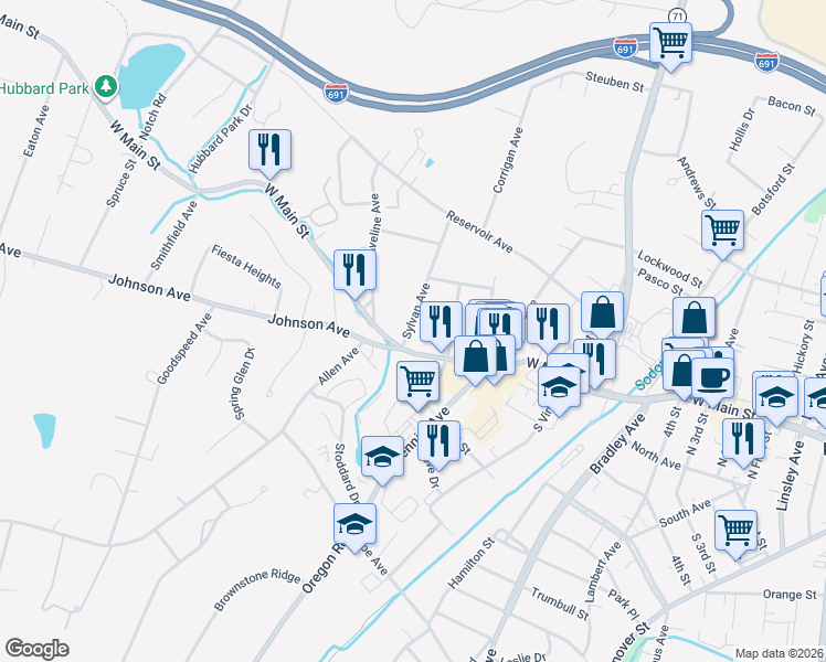 map of restaurants, bars, coffee shops, grocery stores, and more near 585 West Main Street in Meriden
