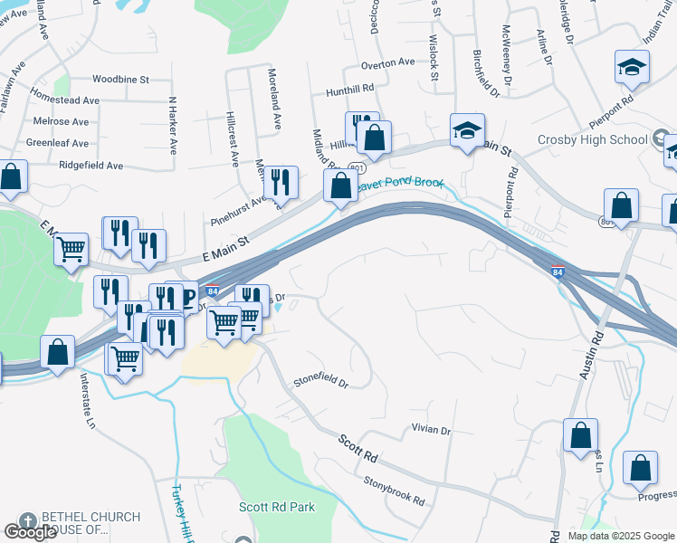 map of restaurants, bars, coffee shops, grocery stores, and more near 353 Schraffts Drive in Waterbury