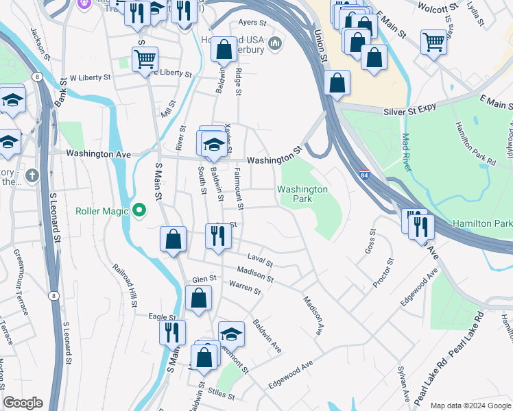 map of restaurants, bars, coffee shops, grocery stores, and more near 103 Fairmount Street in Waterbury