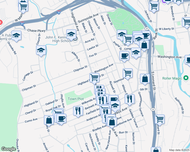 map of restaurants, bars, coffee shops, grocery stores, and more near 612 Highland Avenue in Waterbury