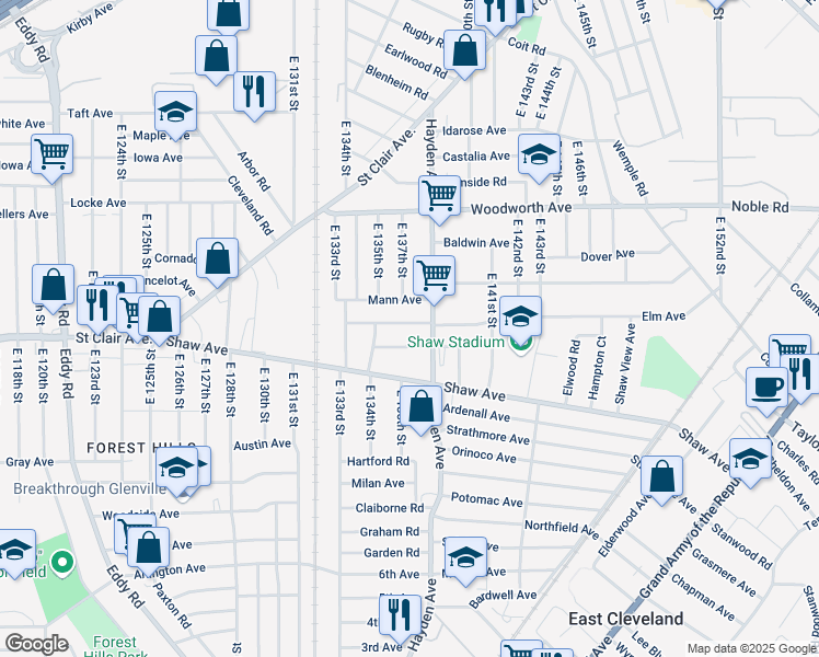 map of restaurants, bars, coffee shops, grocery stores, and more near 13518 Beaumont Street in East Cleveland