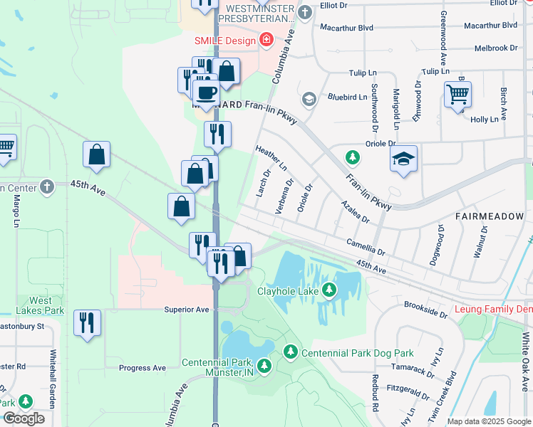 map of restaurants, bars, coffee shops, grocery stores, and more near 940 Camellia Drive in Munster