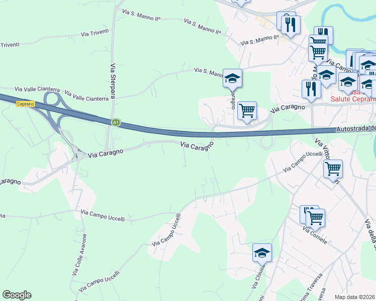 map of restaurants, bars, coffee shops, grocery stores, and more near 53 Via Caragno in Ceprano