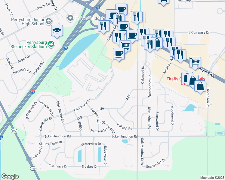 map of restaurants, bars, coffee shops, grocery stores, and more near 9736 Bishopswood Lane in Perrysburg