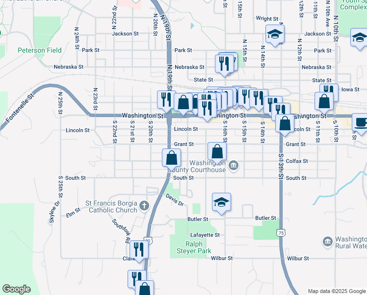 map of restaurants, bars, coffee shops, grocery stores, and more near 1815 Grant Street in Blair