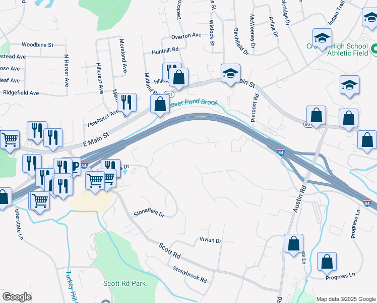 map of restaurants, bars, coffee shops, grocery stores, and more near 137 Mattatuck Heights Road in Waterbury