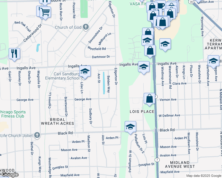 map of restaurants, bars, coffee shops, grocery stores, and more near 1010 Belden Way in Joliet