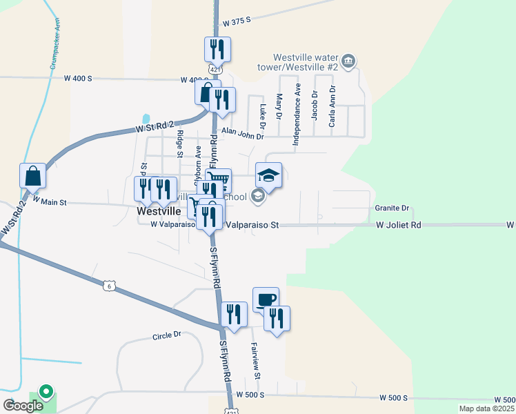 map of restaurants, bars, coffee shops, grocery stores, and more near 207 East Valparaiso Street in Westville